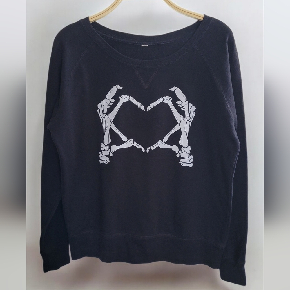 Women's Black Boatneck Long Sleeve Sweatshirt with Skeleton Hand Design